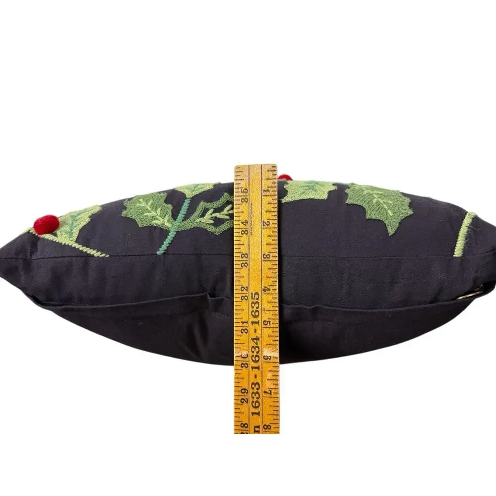 Pier 1 Imports Pillow JOY Embroidered Holy Berry Christmas Decor 15X15 Black Red